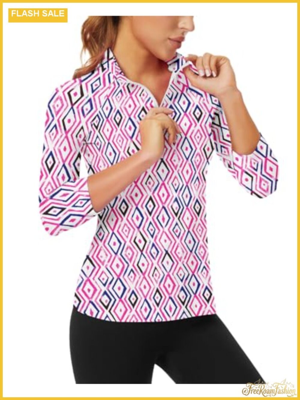 Womens 3/4 Sleeve Polo Shirt 1/4 Zip UPF 50 Moisture Wicking Golf Tennis Top